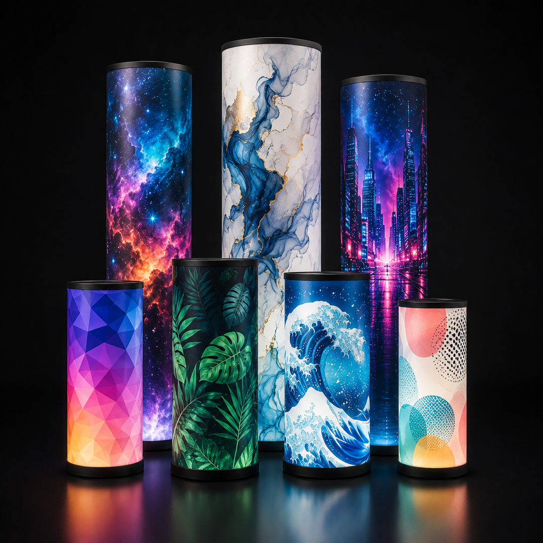 Collection of cylindrical containers with various colorful designs on a black background