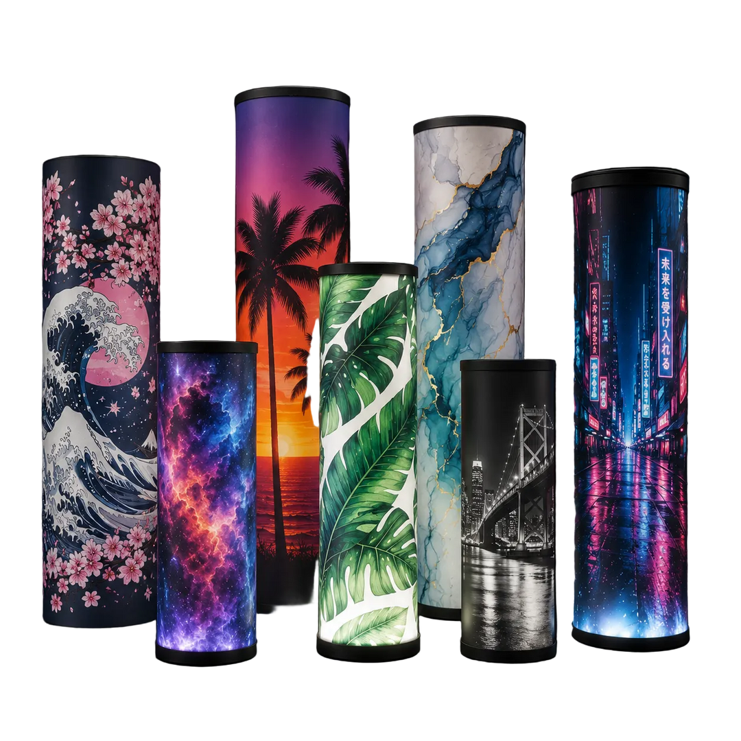 Set of cylindrical products with various colorful designs on a white background