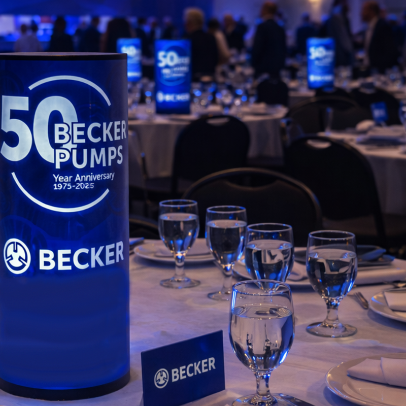Becker Pumps 50th anniversary celebration with blue cups and glasses on a table.