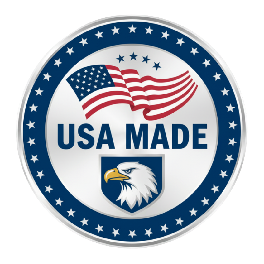 Logo with American flag, eagle, and 'USA Made' text on a white background