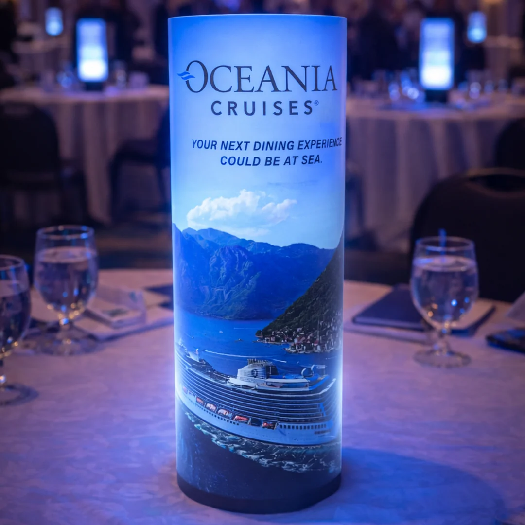 Blue conference table centerpiece in a formal hospitality ballroom