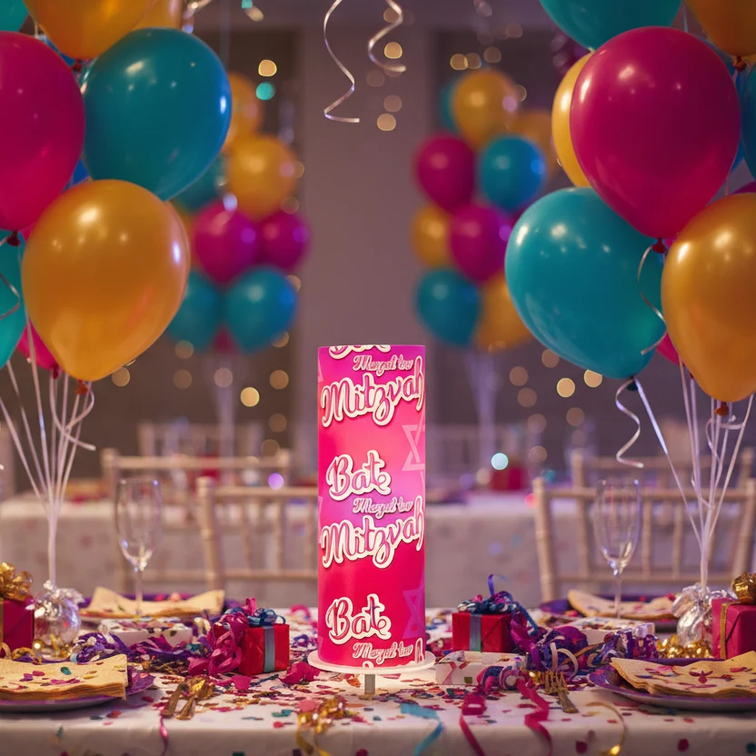 Pink personalized Bat Mitzvah centerpiece with colorful balloons